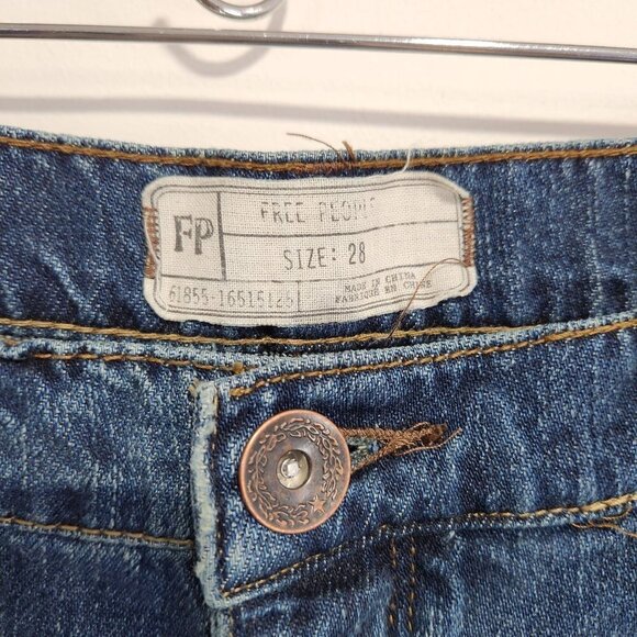 Free People Distressed Slim Straight Jeans 28 Blue Mid Rise Button Fly Denim - Picture 7 of 8